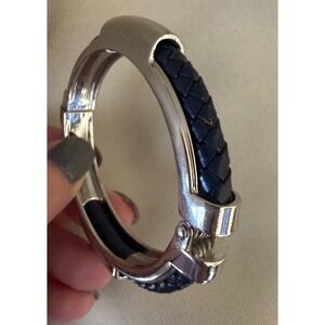 Genuine Leather Silver Tone‎ Hinged Bangle Bracelet with Navy Blue Braided Inlay